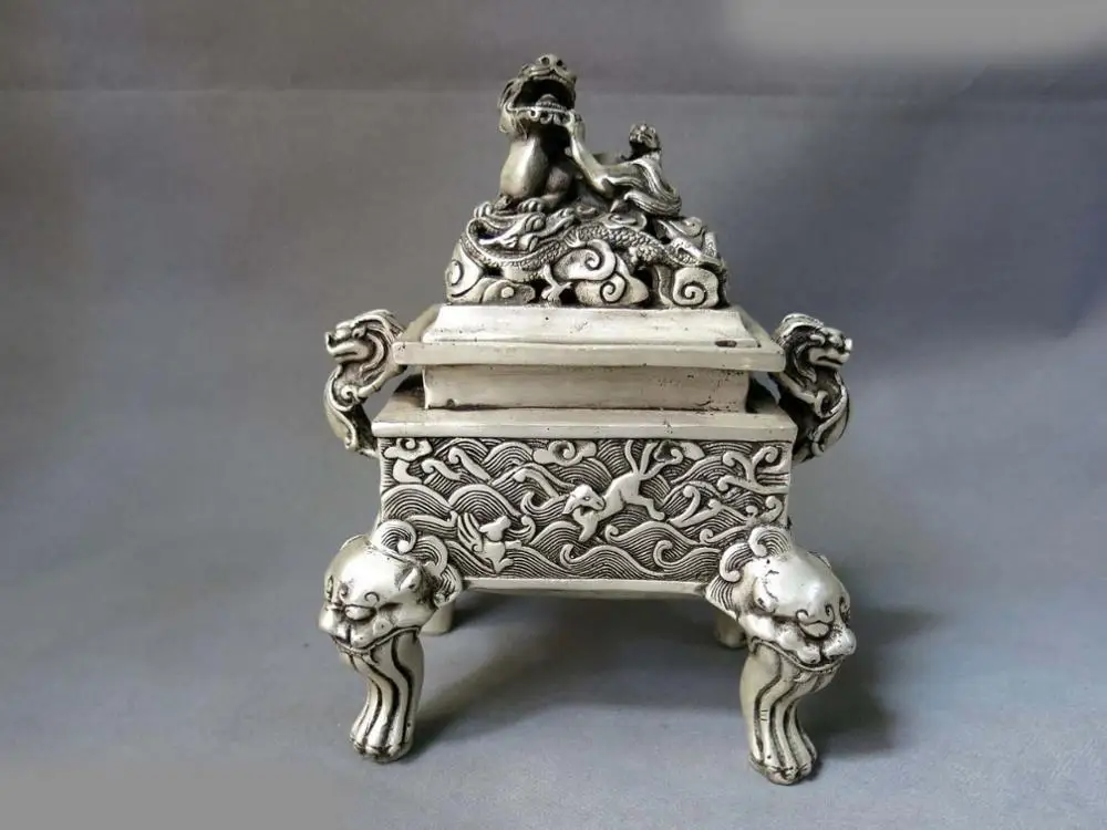 

8" China silver feng shui lucky dragon Foo Dog Lion incense burner censer Statue