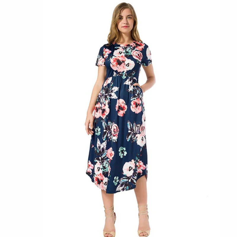 Women's Chic Boho Style Printed Dress Blue Model