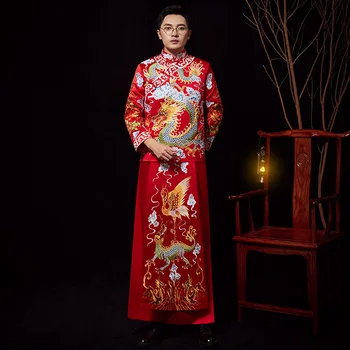 

Red Asian Bridegroom Marriage Suit Traditional Embroidery Dragon Chinese Men Tang Clothes Vintage Ancient Male Wedding Clothes