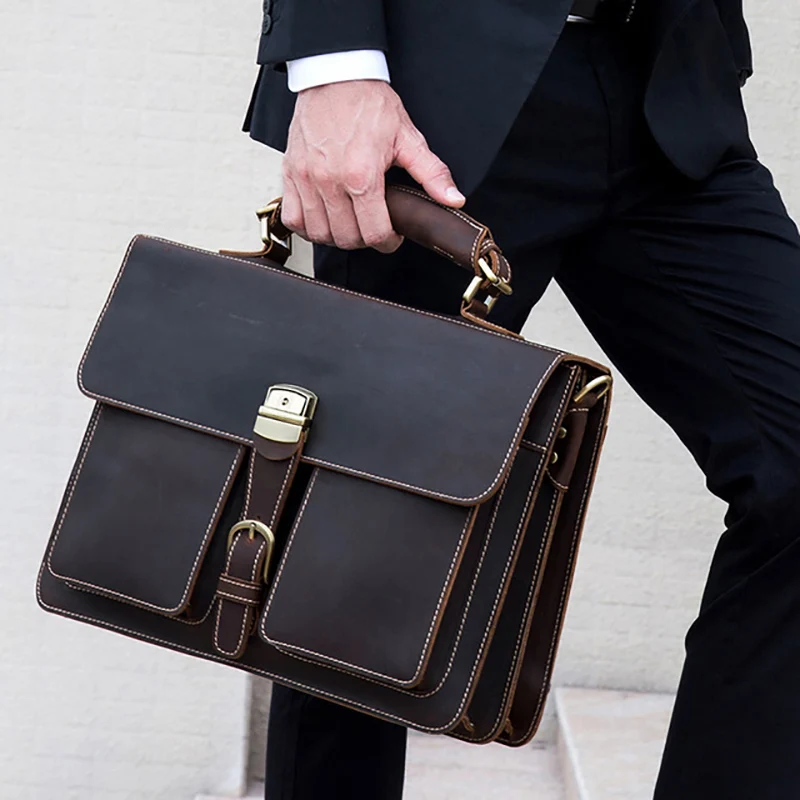 

2019 Vintage Men's Genuine Leather briefcase 16" Cowhide Business bag Cow leather Laptop Double Layer messenger bag PC work tote