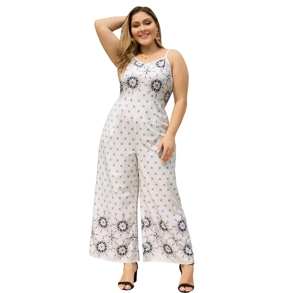 

WHZHM White Plus Size 3XL 4XL Flower Printed Jumpsuits Women Sleeveless Beach Loose Pants V-Neck Floral Chiffon Jumpsuit Femme