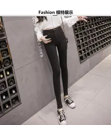 Теплый флис Линь искусственного джинсы карандаш брюки Для женщин девочек Laadies модные зимние Высокая талия эластичные тонкие брюки
