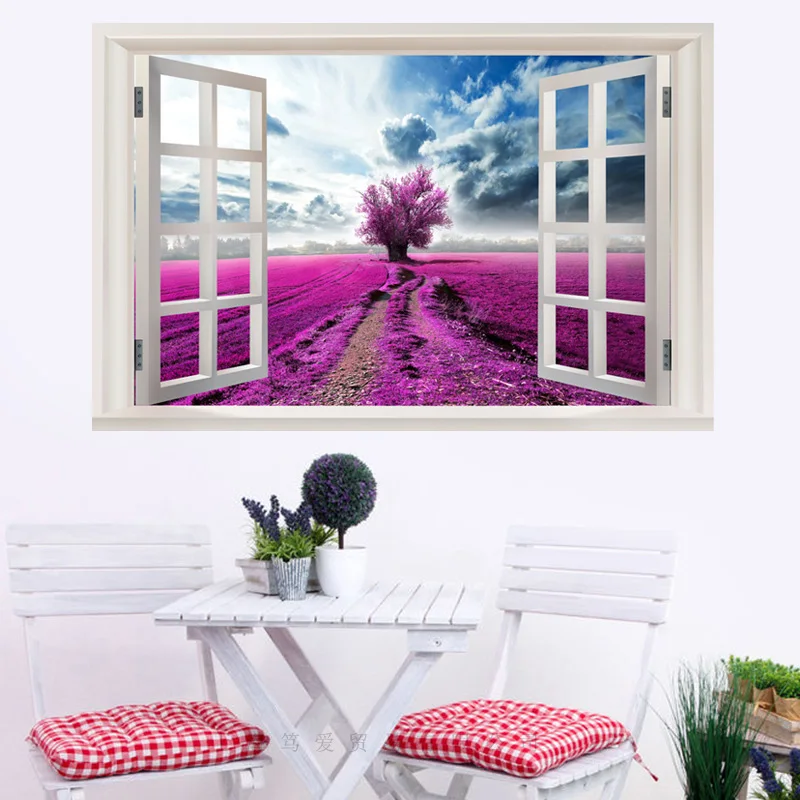 

False window landscape purple flower field wall sticker PVC Waterproof wall poster For Living Room study room Home Decor murals