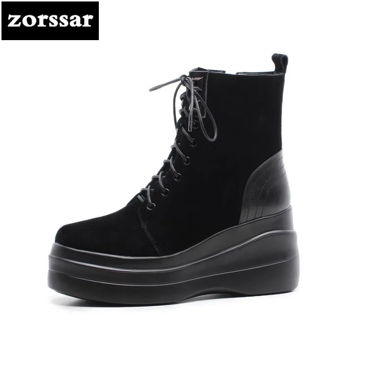 

{Zorssar} 2018 New Genuine Leather Martin boots Women Ankle Boots high heel platform boots Suede leather winter Warm woman shoes