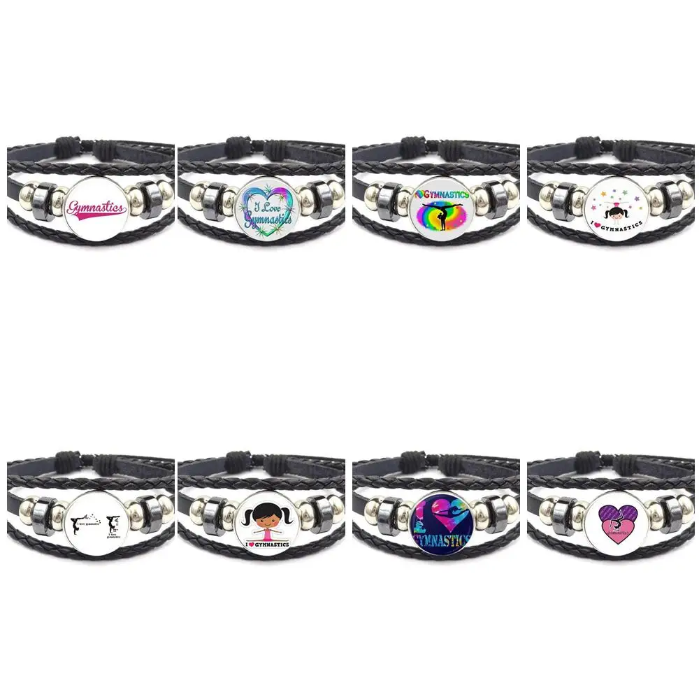 

EJ Glaze For Girls Gift Black Leather Bracelet Bangle Glass Cabochon Jewelry I Love Gymnastics