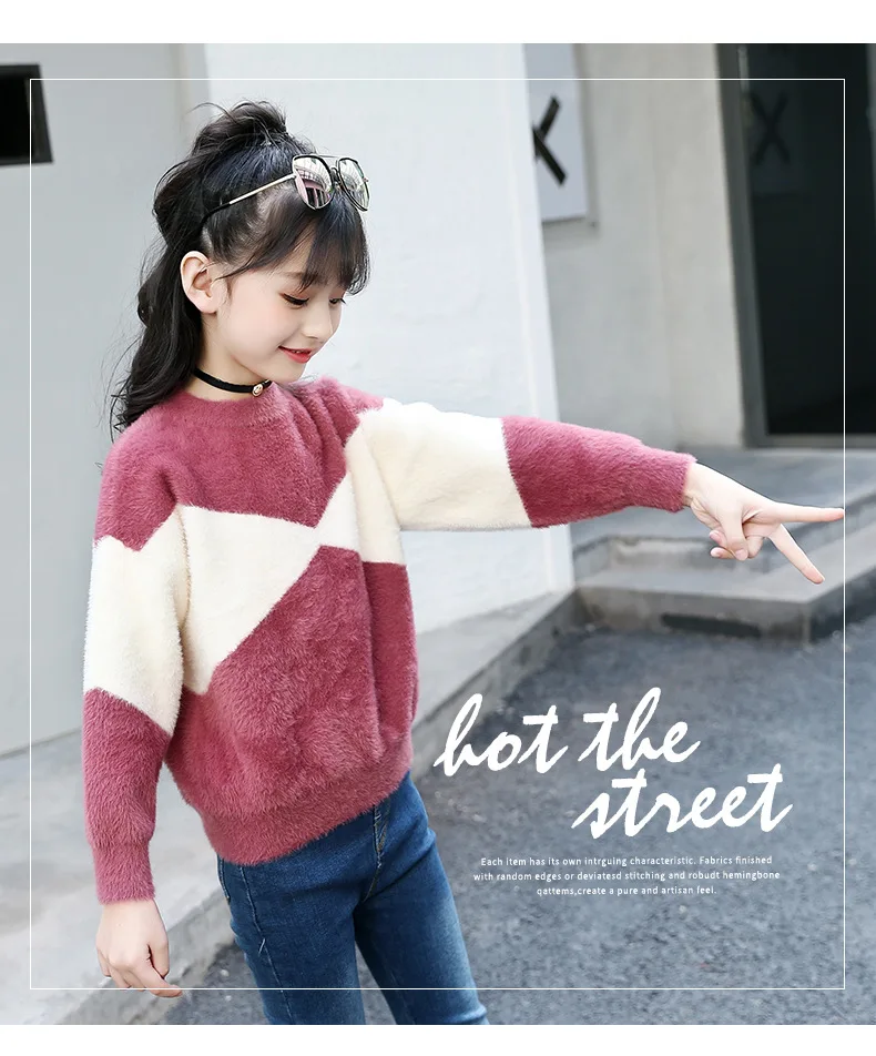 Teen Girl Sweater New Fashion Knit Thick O-neck Coat Contrasting Color Pullover Sweaters Cotton Knitwear Clothes 6 8 10 13Y