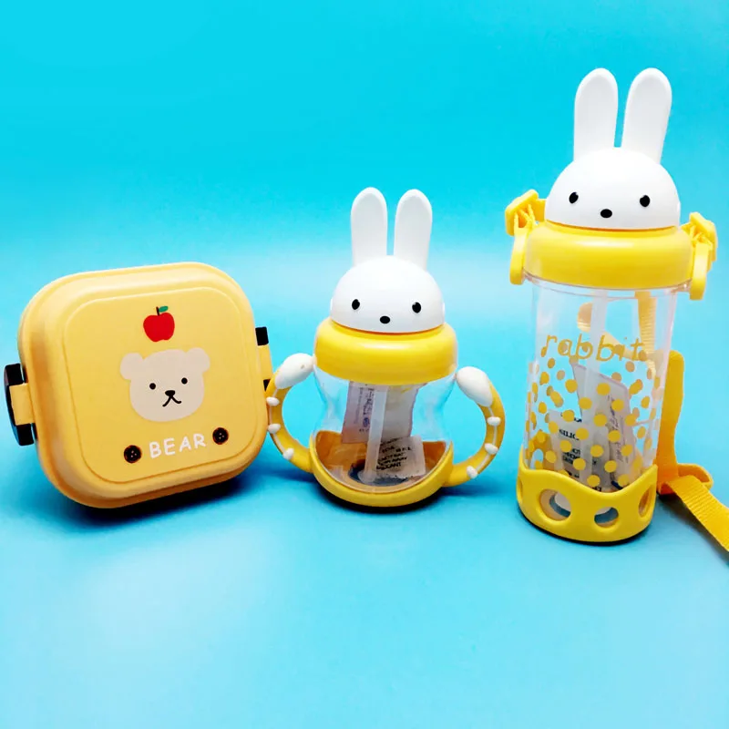 

3Pcs/Set New Cute Cartoon Double Tier Lunch Box Bento Lunchbox Children School Food Container Tableware Set with 2 Water Bottle