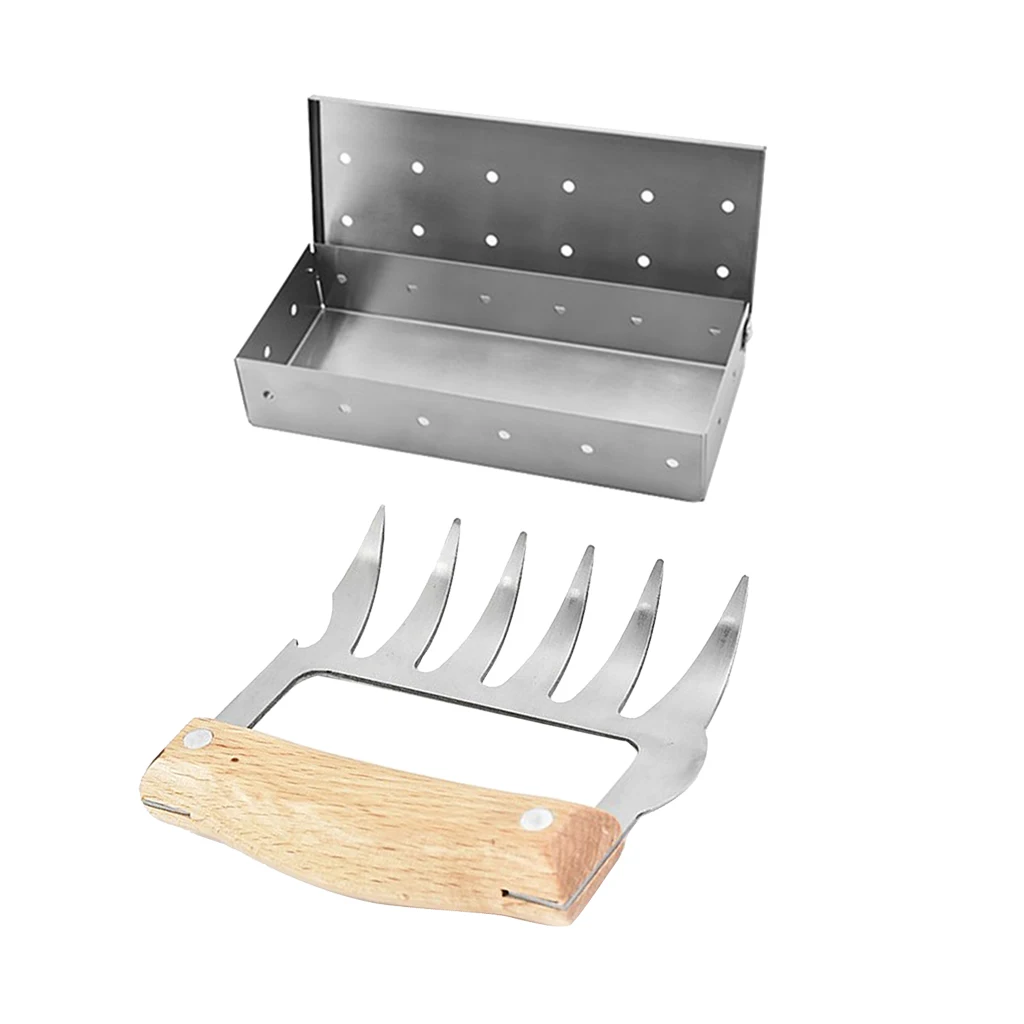 Meat Smoking Barbecue Smoker Box For BBQ Wood Chips & 1Pcs Meat Claw