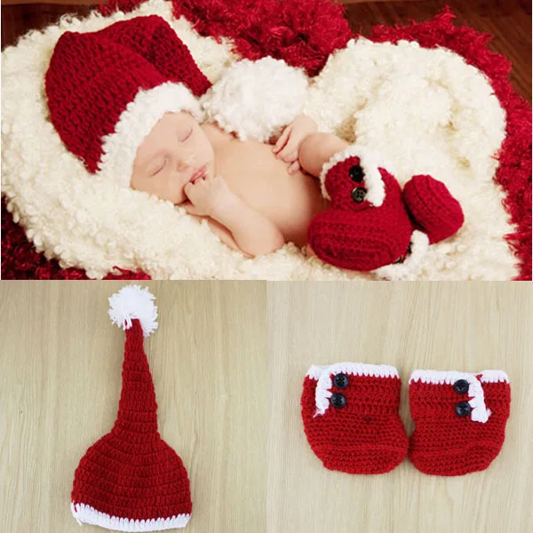 

2015 New Character Unisex Cotton baby christmas hat with boots shoes handmade crochet newborn photography props costume set