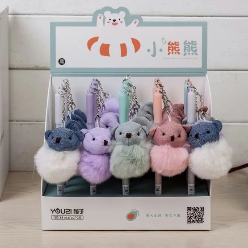 

2 Pcs/set Kawaii Animal Bear Rabbit Hair Pendant Gel Pens Black Colored Neutral Pens Signature Pens for Writing Stationery Gift