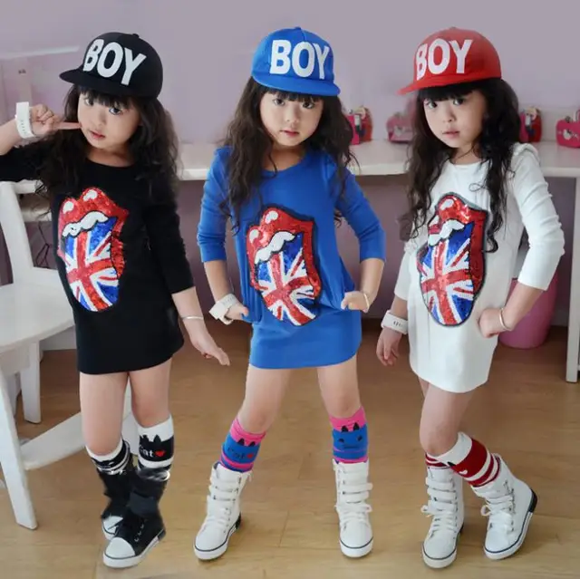 New 3,5Years Fashion Children Girl Long Sleeve sequin Lips Dresses Long Sleeve t shirt