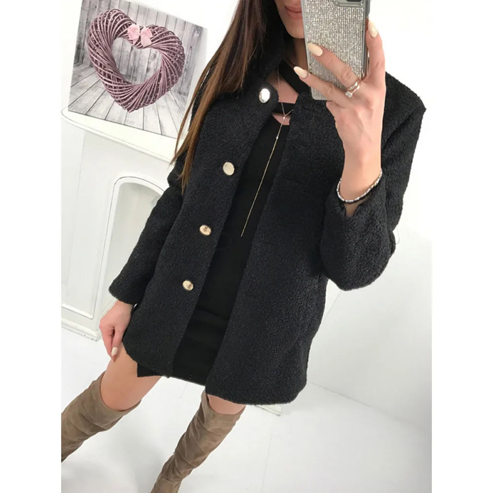 YOUYEDIAN Women Winter Solid Single-breasted Notched Fluffy Pocket Jacket Outwear Coat