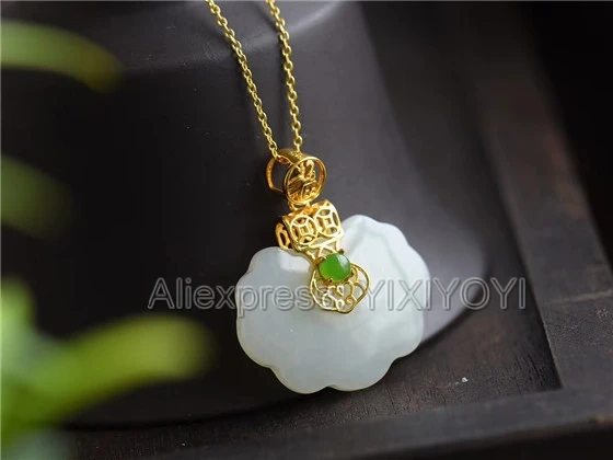 925 Sterling Silver White Green HeTian Jade Inlay Lock Design Blessing Lucky Pendant + Chain Necklace Charm Fine Jewelry Gift 925 Sterling Silver White Green HeTian Jade Inlay Lock Design Blessing Lucky Pendant + Chain Necklace Charm Fine Jewelry Gift