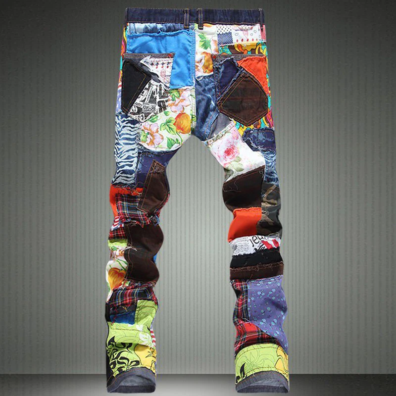 Sokotoo Men's patchwork spliced ripped denim jeans Male fashion slim colored patch buttons fly straight pants 2