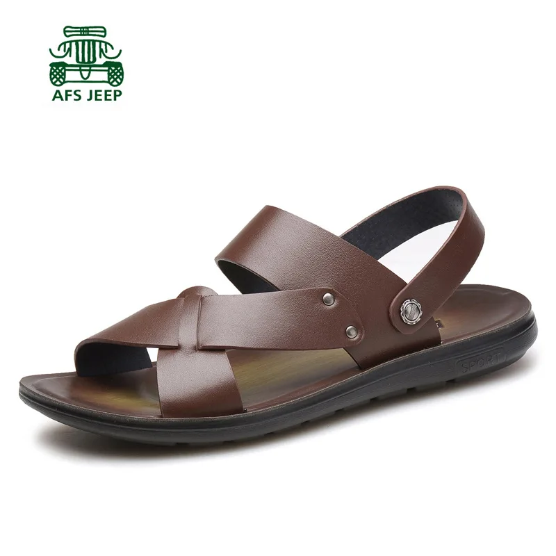 AFS JEEP Breathable leather sandals summer open toed Korea style sandals  casual solid men sandals 2 functions|sandals couples|sandal beachsandals  coral - AliExpress