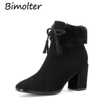 

Bimolter Winter Warm Cow Suede Short Snow Boots Rabbit Fur Women Ankle Boots Lace-Up Hoof Heels Female Street Black Shoe LAEB020
