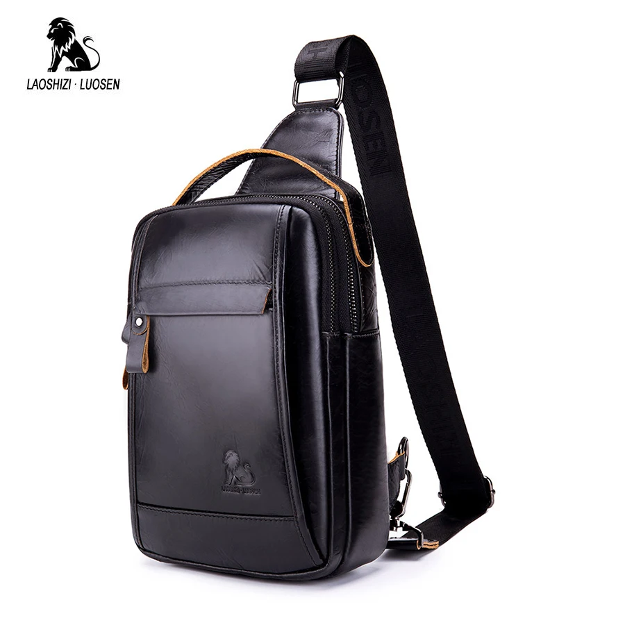 

LAOSHIZI LUOSEN Vintage Chest Bag Pack Men Shoulder Bag Male Small Oil Wax Genuine Leather Messenger Crossbody Retro Sling bag