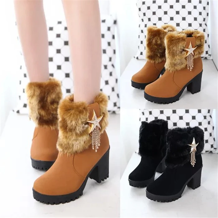 

2018New Women Boots Ankle Boots For Women High Heel Boots Winter Female Shoes Hoof Heel Warm Size 35-40