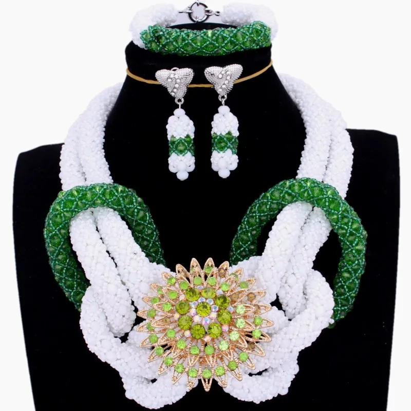

Necklace Set African beads Jewelry White Green Bridal Wedding jewelry Set Owl Animal Jewellery Set Nigerian Wedding Free Ship