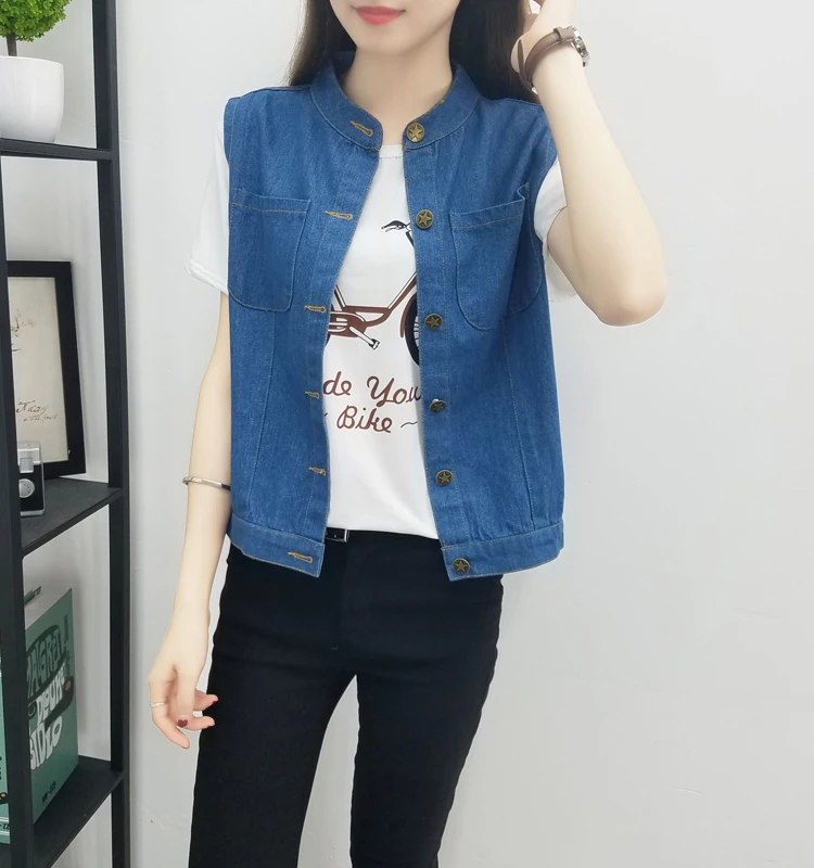 Large Size Bust 5XL Women's Jeans Vest Summer Thin Pure Blue Pocket Jacket Cardigan Sleeveless Female O-Neck Button Waistcoat