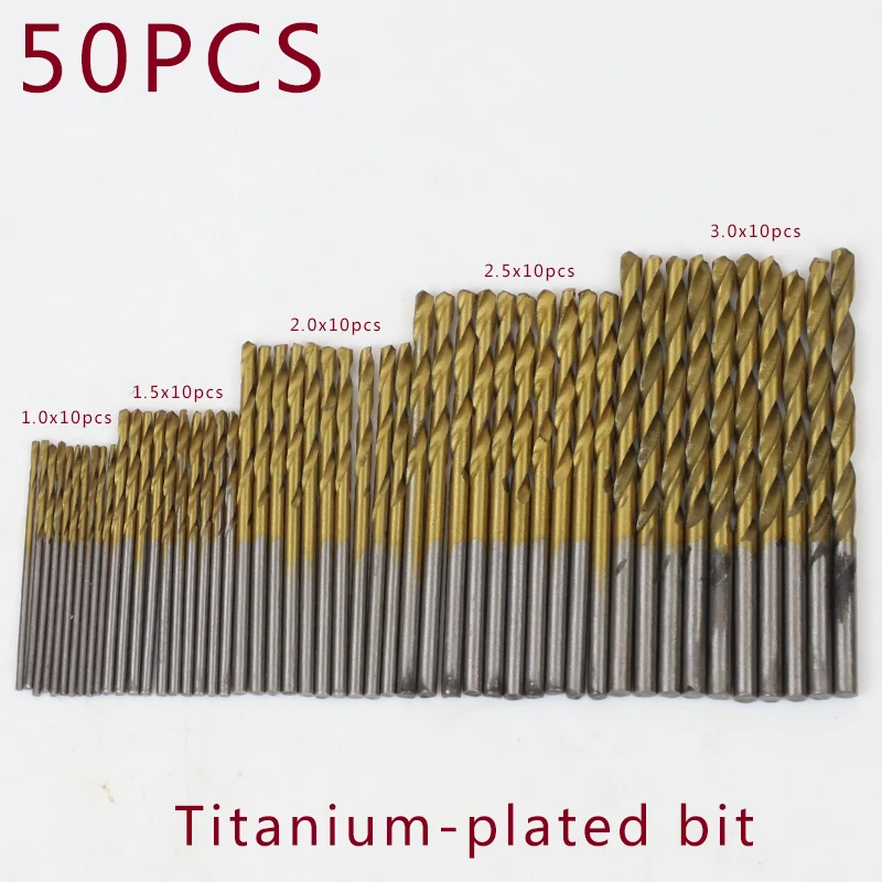 

50PCS HSS High Speed Steel Titanium-plated Bit Straight Handle Twist Bit Metal Woodworking Plastic Bit 1.0/1.5/2.0/2.5/3mm