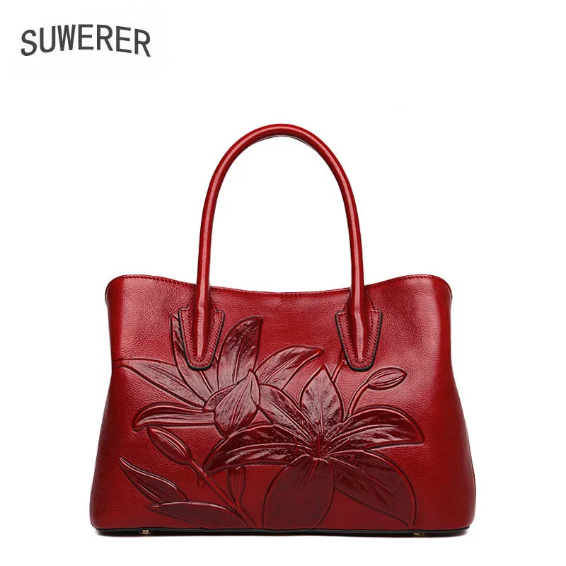 

SUWERER 2019 New women genuine leather bag famous brands Luxury fashion cowhide Embossing tote women leather handbags