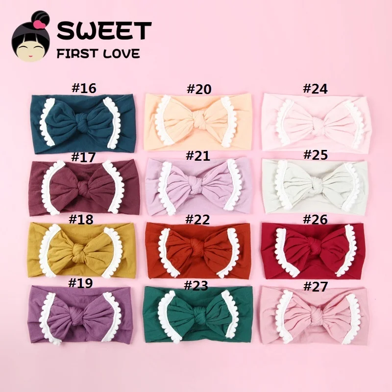 

12PCS/lot New Fashion Wide Nylon Headbands, Pompom Trim Nylon Bow Head wrap, Knot Nylon Headwear Turban, Girls Hair Accesseries