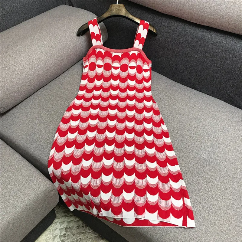 

Luxury Designer Brand Knitted Dress for Women Red and White Contrast Sleeveless Spaghetti Strap Strapless Knitted A Line Dress