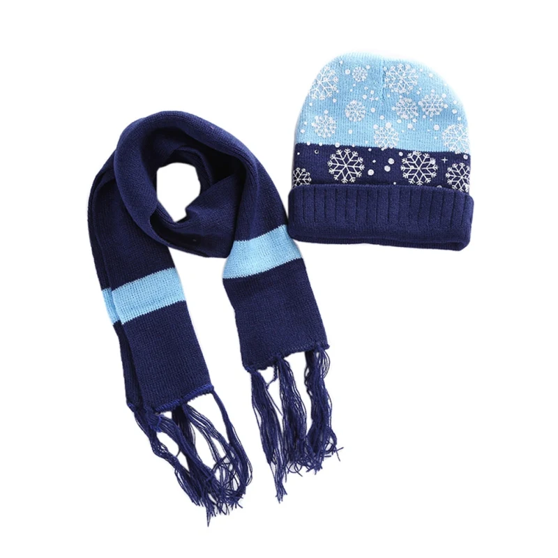 ROPALIA Two-Piece Set Christmas Children Snow Printed Beanie Hat Striped Scarf Neck Wraps Girl Boy Holiday Headwear Accessories