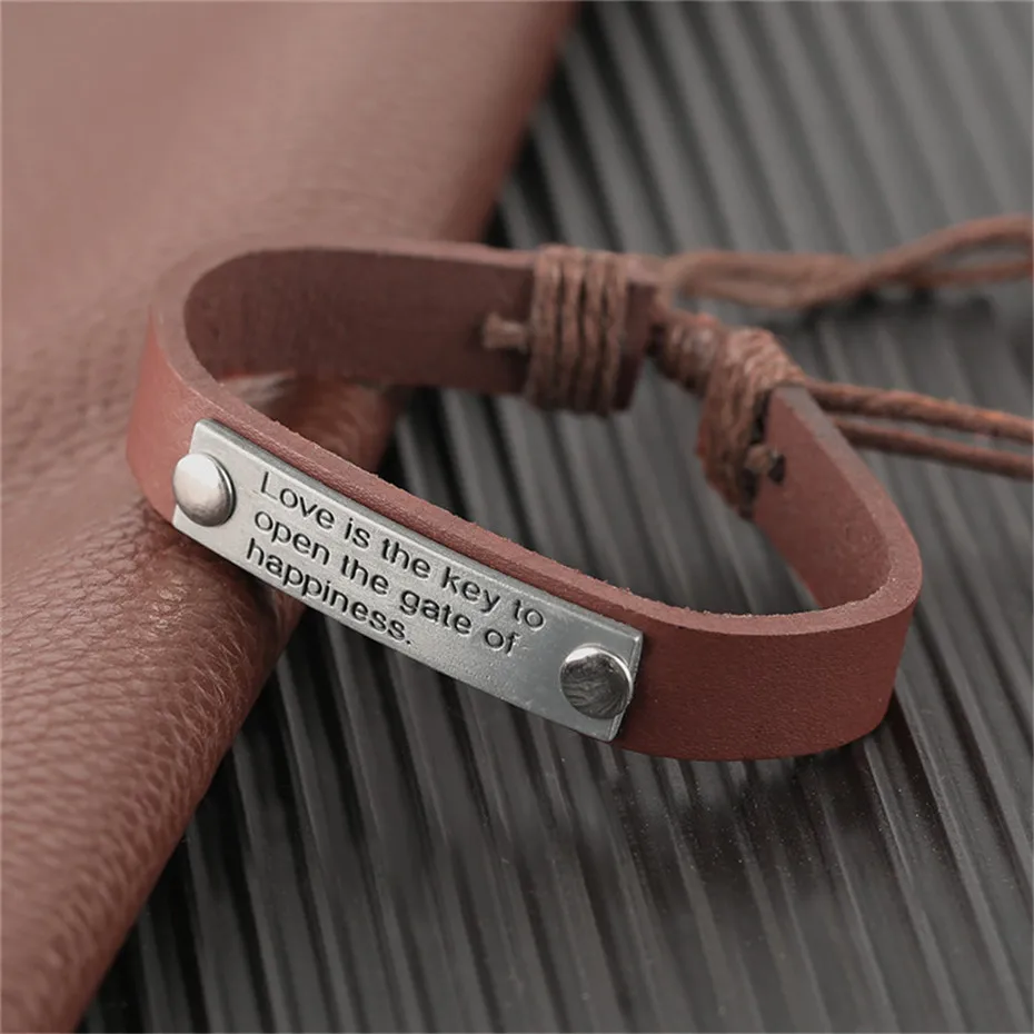 Stylish Black Brown Happiness Door Love Theme Charms Women Leather Bracelets Rope Chain Mother Gift Jewelry  (19)