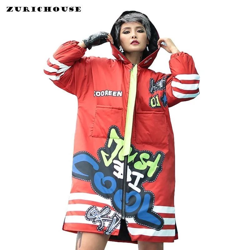 ZURICHOUSE/женская зимняя куртка с героями мультфильмов длинное пальто с капюшоном и буквенным принтом на хлопковой подкладке г. Модная дамская парка в стиле хип-хоп