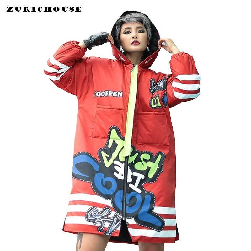 

ZURICHOUSE Cartoon Women's Winter Jacket Long Hooded Letter-print Cotton Padded Coat 2019 Fashion Hip-hop Style Ladies Parka