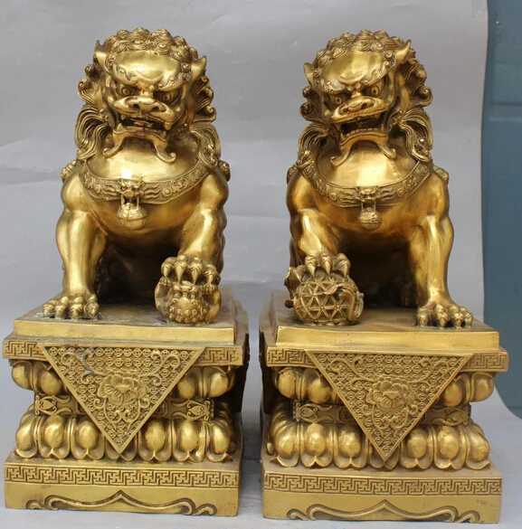 

xd 003427 18" Chinese Bronze Fengshui Guardian Foo Fu Dog Phylactery Door Lion Leo Pair