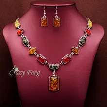 Crazy Feng новые женские винтажные Ретро Серебристые африканские цветные камни Свадебные ювелирные изделия ожерелье серьги наборы