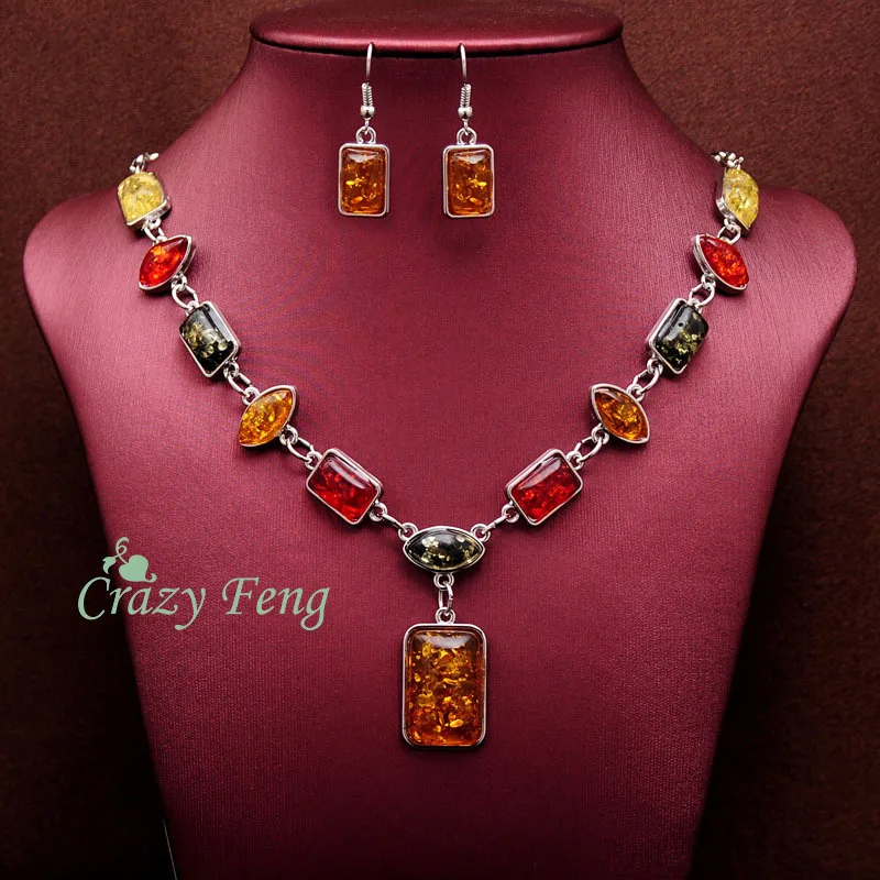 

Free shipping Crazy Feng New Women Vintage Retro Silver-color African Colorful Stones Wedding Jewelry Necklace Earrings Sets