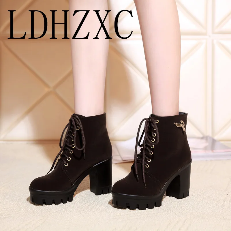 

LDHZXC Women Ankle Boots Square High Heel Lace Up Pointed Toe Women Platform Black Ladies Motorcycle Boots Size 34-43