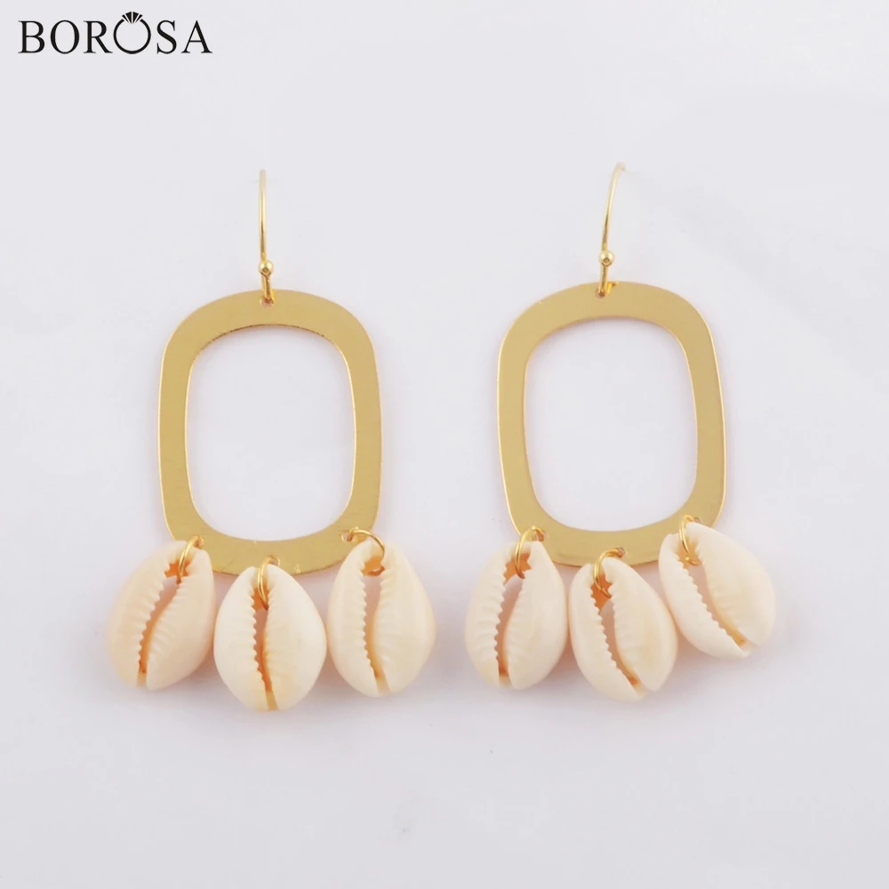 

BOROSA 5/10Pairs Trendy Gold Electroplated Metal Teardrop Three Natural Cowrie Shell Dangle Earrings Jewelry for Women G1783