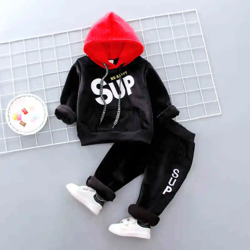 

Free shipping chirdren unisex letter hooded sweatshirt baby autumn & winter pullover velvet coats kids fashion pants 2pcs sets