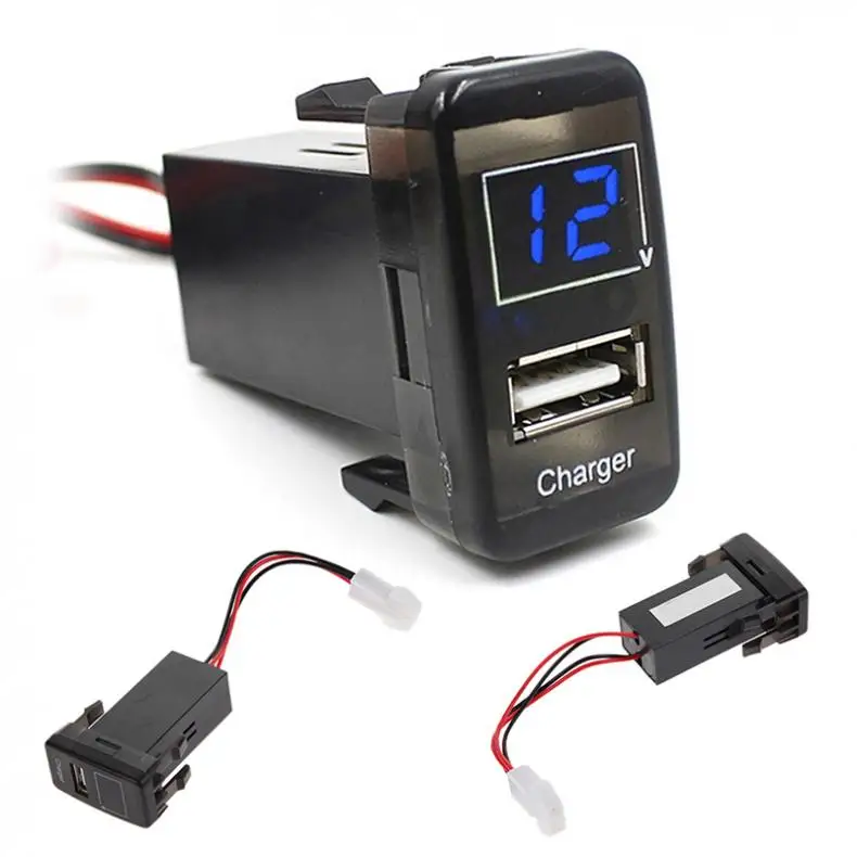 2 In 1 Voltmeter Car USB Port 5V 2.1A Dashboard Phone Auto Charger Red