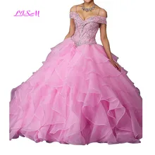 С открытыми плечами Кристаллы из бисера Длинные бальное платье без бретелек Quinceanera Пышное Бальное Платье из Органзы, милое платье для выпускного вечера