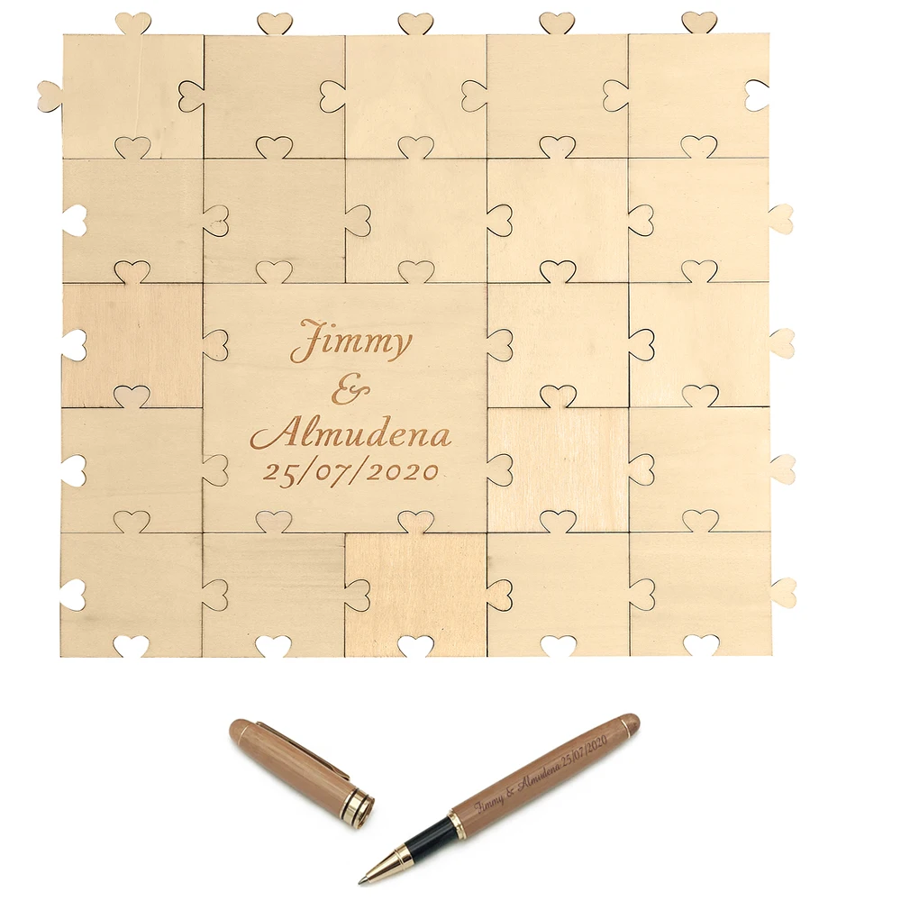 Skup Spersonalizowane grawerowane drewno serce miłość Puzzle ślub księga gości długopis bambusowy drewniana księga gości zestaw Wedding Decor Baby Shower Favor