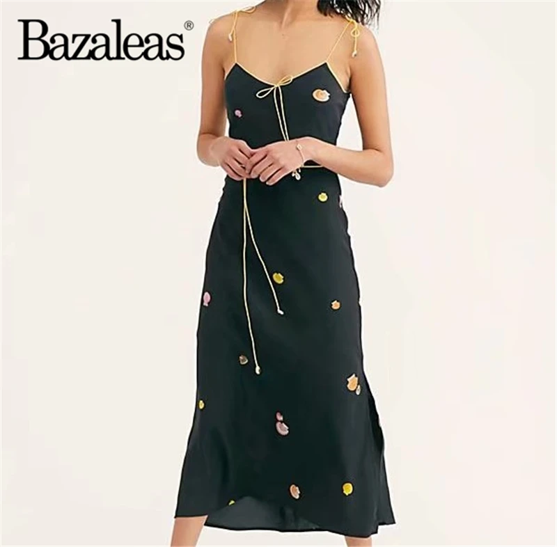 Bazaleas модное летнее платье с принтом в виде ракушки, винтажное платье, регулируемое Черное женское платье миди без бретелек, повседневное платье, Прямая поставка
