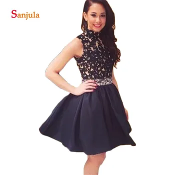 

Backless Short Homecoming Dresses High Neck Black Lace Appliques Knee Length Graduation Dress Beaded Party Gowns D876