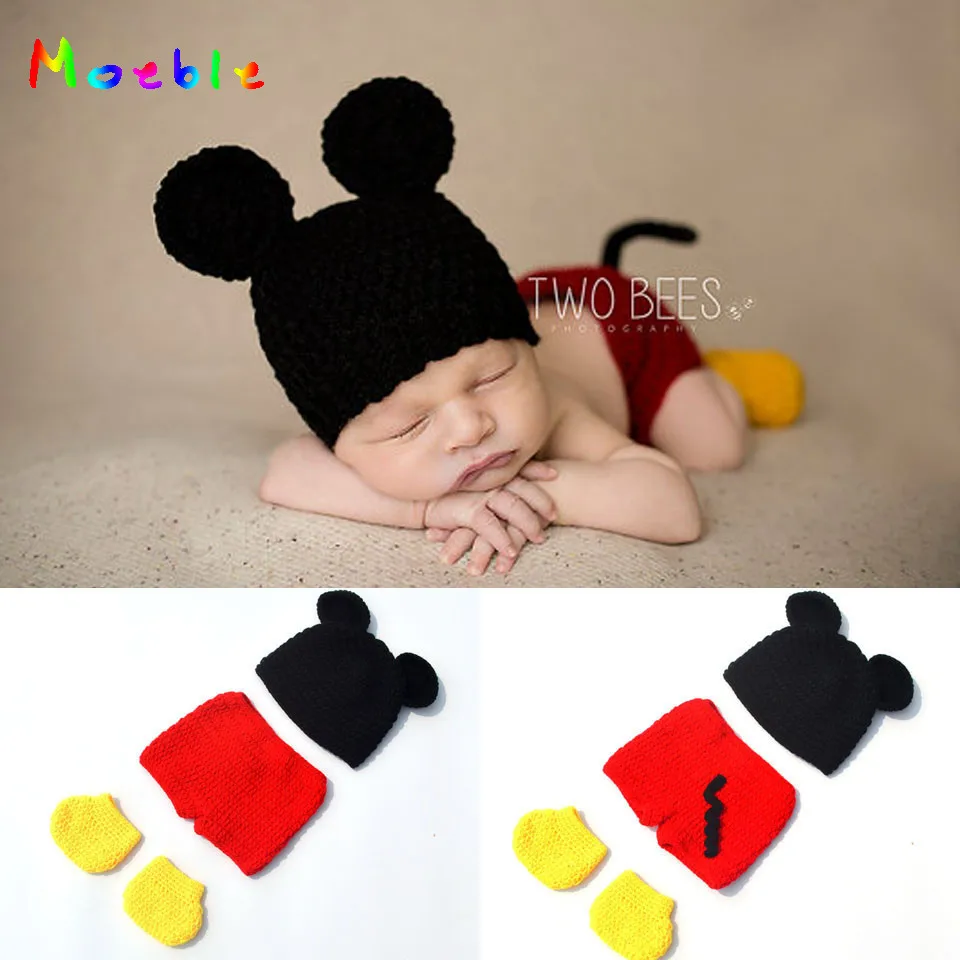 

Cute Mickey Hat Shorts&Shoes Set for Newborn Crochet Baby Mickey Outfit Knitted Baby Photography Props Cartoon Costume MZS-16032