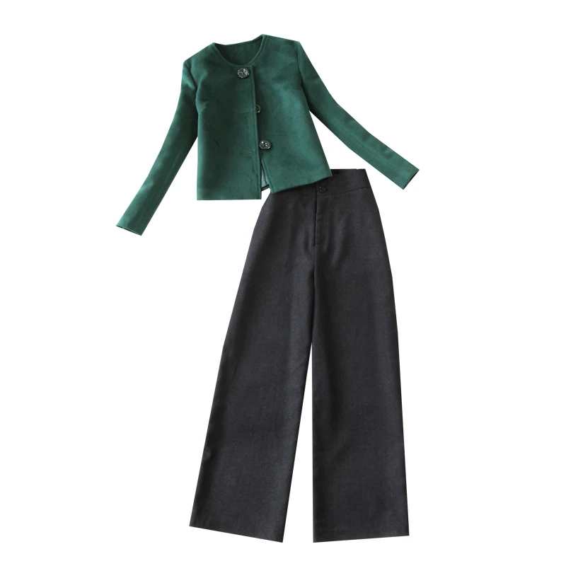 

Women's 2018 autumn and winter green jacket coat + high waist wide leg pants suit women blazer set business woman suits lady