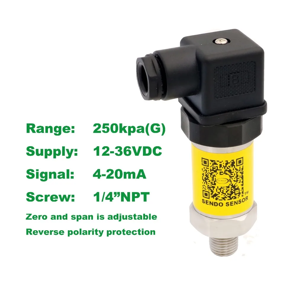 

pressure sensor 4-20mA, 12-36V supply, 250kpa/2.5bar gauge, 1/4"NPT, 0.5% accuracy, stainless steel 316L diaphragm, low cost