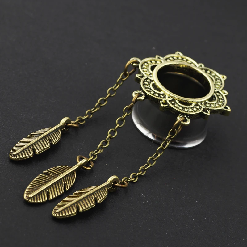 JUNLOWPY Piercing Tunnel Stainless Steel Gold Silver Feather Ear Plug Tunnel Filigree Tribal Dreamcatcher Pandent Body Jewelry