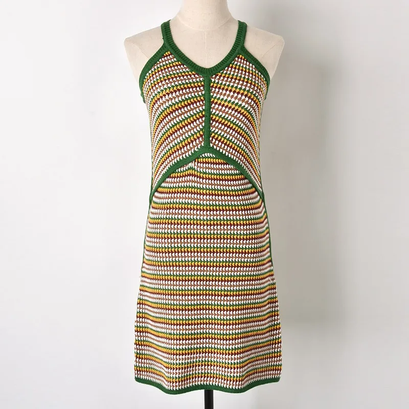 

Runway 2018 summer women sexy v-neck spaghetti strap dress slim knitted Casul sleeveless Striped street ladies elegant dress