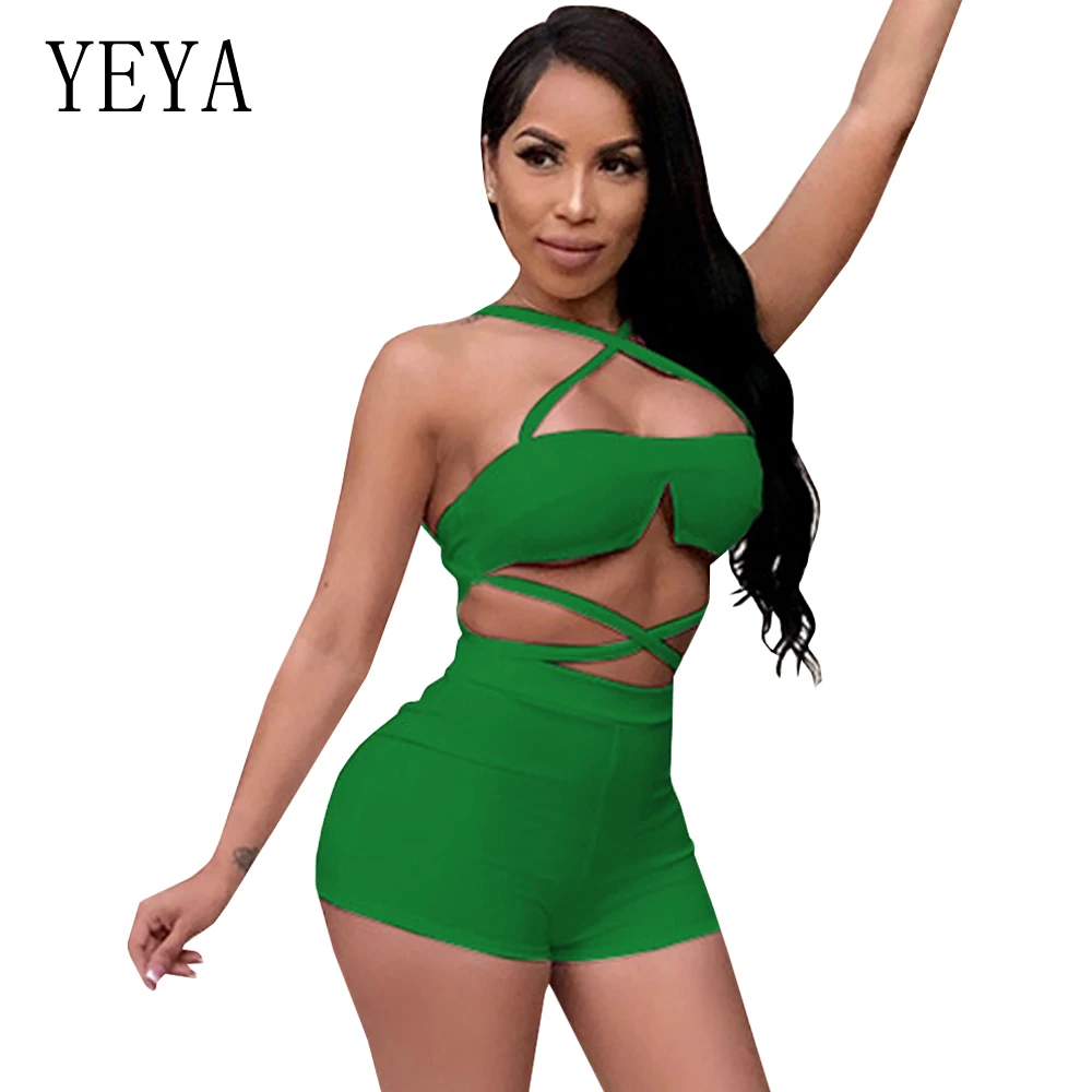 

YEYA Sexy Playsuit Off Shoulder Halter Sleeveless Bandage Bodycon Playsuit Club Wear Bodysuit Two Pieces Rompers Womens Jumpsuit