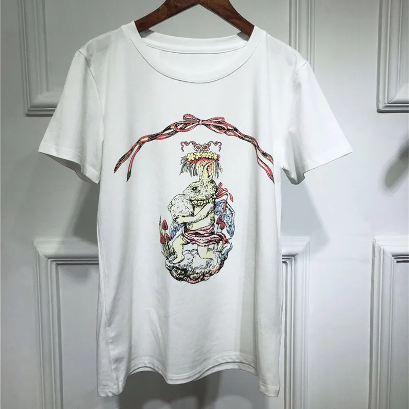 

Luxury Designer Brand Top for Women Cartoon Rabbit Printed Casual Loose T Shirt White
